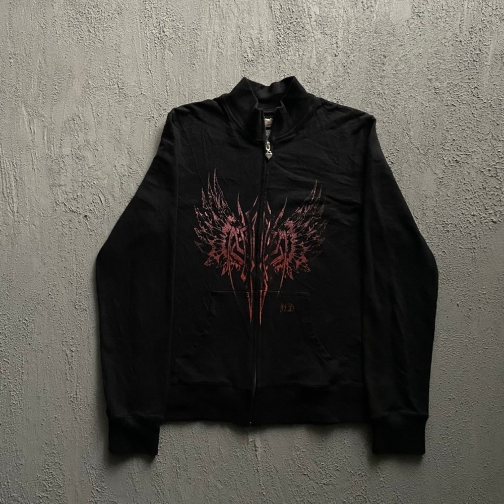 Vintage Winged Graphic Zip Up Jacket Women XL Black Y2K Harley Davidson